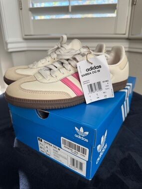 Womens Adidas Samba OG W Cream with Pink Stripes and Brown Sole